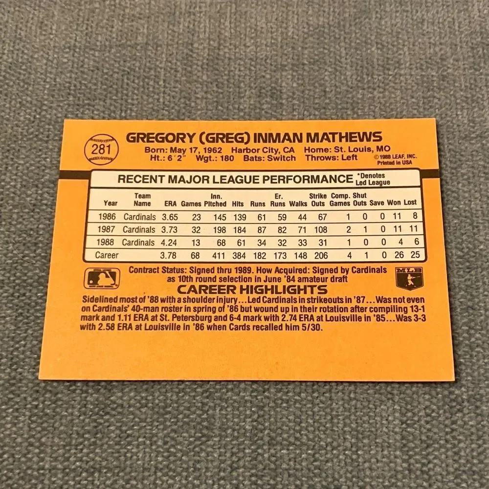 1989 Donruss St. Louis Cardinals Baseball Card Trading Card